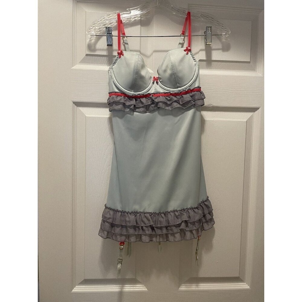 Victorias Secret Bustier Corset Lingerie Pale Blue With Purple Ruffles Size 34B